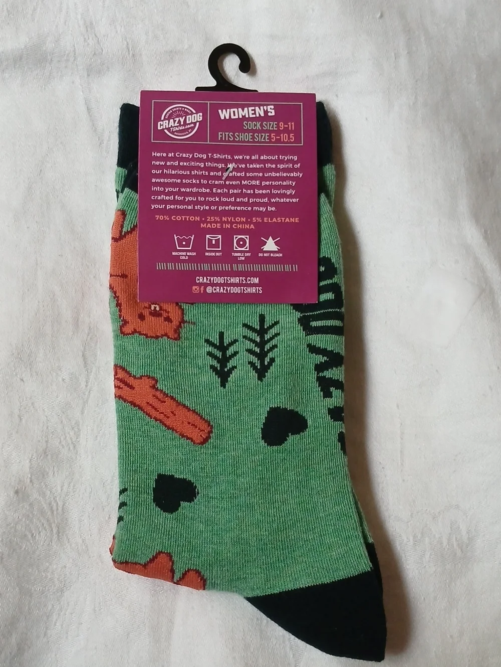 Crazy Dog T Shirts “Dam Girl” Beaver Socks Green Ladies Size 9-11